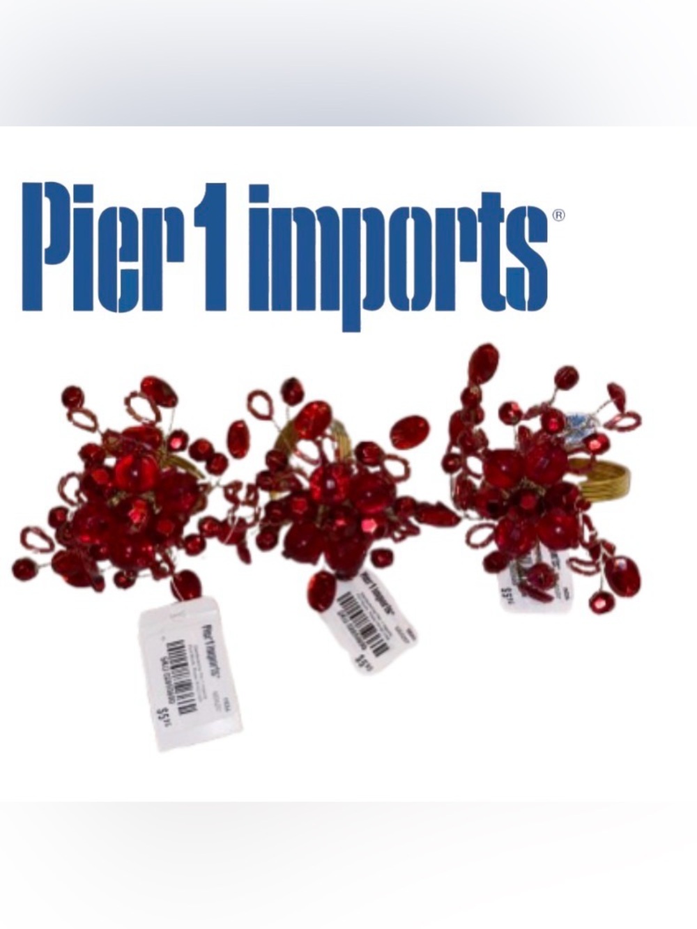 💙 Set of 3 - Pier 1 Imports Red Beaded Floral Napkin Rings